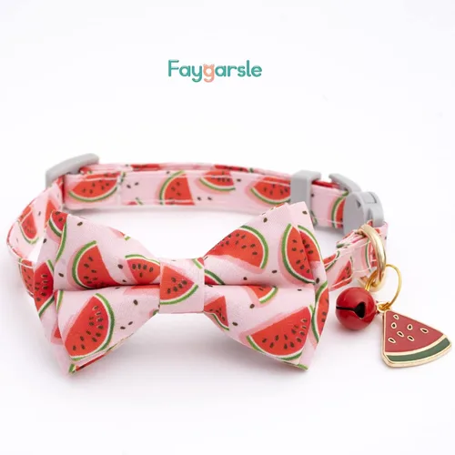 Miniatura 5 de Faygarsle Paquete de 2 collares de gato lindos con campana de moño separable para gatos machos y hembras, patrón de sandía, limón y rosa de lujo