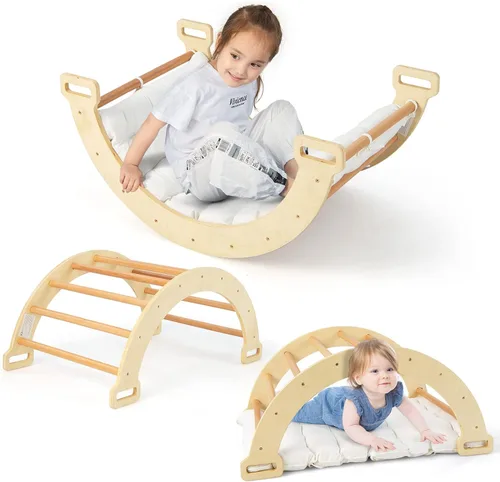 Miniatura 15 de HONEY JOY Arco de escalera de madera para escalar, escalera de escalada para niños 3 en 1 y tabla de columpio con almohadilla acolchada, juego