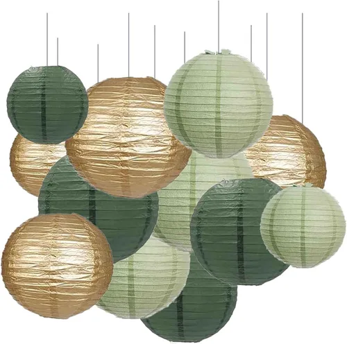 GAKA Linternas de papel decorativas de color verde dorado, 12 unidades, 4 pulgadas, 6 pulgadas, 8 pulgadas, 10 pulgadas, decoraciones redondas de