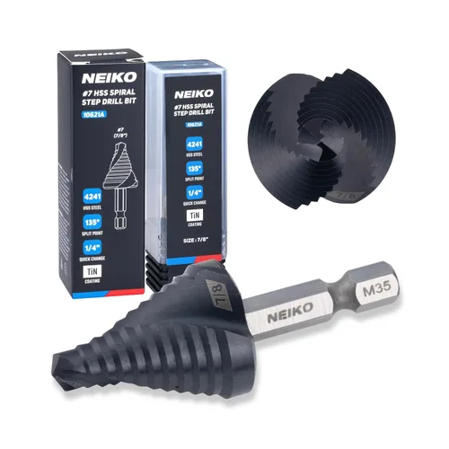 Miniatura 32 de NEIKO 10602B Step Drill Bit, 13 Steps 1/8" to 1/2" Spiral M35 Cobalt, AlTiSiN Coated, 1/4" Quick Change Step Bits for Steel, Metal, Wood, Plastic