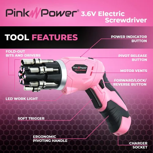 Miniatura 2 de Pink Power, taladro eléctrico de 4,8 Volt, recargable, juego de desarmadores con nivel de burbuja.