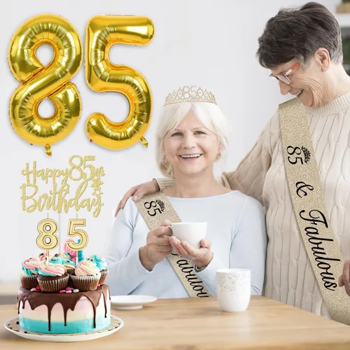 Miniatura 4 de Decoraciones de 85 cumpleaños para mujeres en oro con banda y tiara de 85 cumpleaños, adorno para pastel y velas, globos con números, regalos