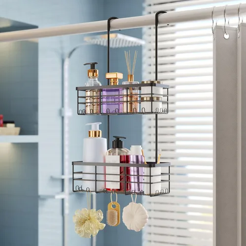 Miniatura 8 de HapiRm Organizador de ducha colgante - Organizador de ducha sin perforaciones con ganchos, estantes de baño de acero inoxidable 304 a prueba de Negro