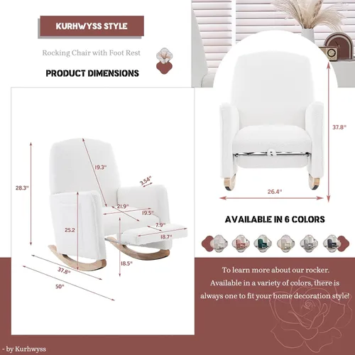 Miniatura 2 de Mecedora moderna para guardería, cómoda silla de guardería con reposapiés, mecedora tapizada con bolsillo, sillón de lectura con base de madera