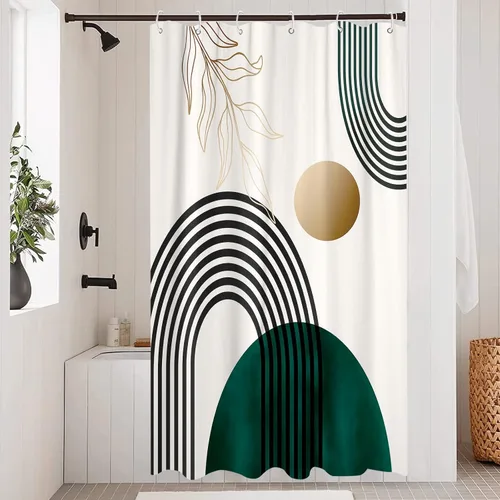 Miniatura 16 de Aipon Cortina de ducha verde de mediados de siglo para baño, cortina de ducha abstracta de estilo bohemio, de tela moderna, impermeable, para baño