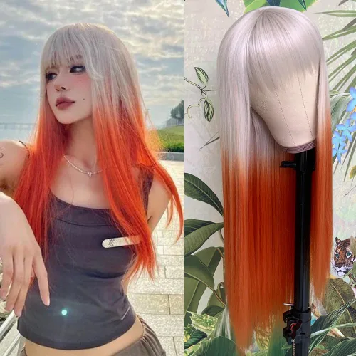 Miniatura 7 de QD-Tizer Pelucas sintéticas de color rubio ceniza con flequillo, pelucas de cabello largo y lacio, sin pegamento, pelucas sintéticas sin encaje