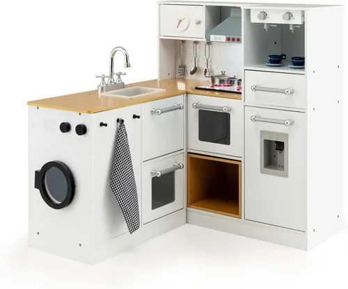 GLACER Juego de cocina de madera para niños, cocina de juego de simulación de 2 piezas con luces y sonidos realistas, lavadora, dispensador de agua,