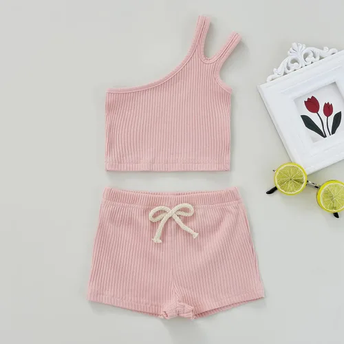 Miniatura 2 de iddolaka Conjunto de dos piezas de algodón con un hombro y pantalones cortos de color sólido, ropa casual de verano