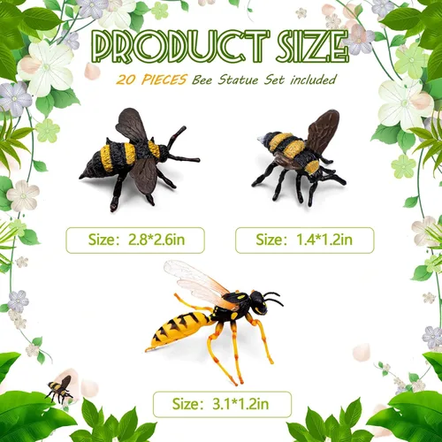 Miniatura 2 de RoundFunny Juego de 20 figuras de abeja de miel realistas, varios modelos de abejas, abejas falsas, colección educativa temprana de criaturas