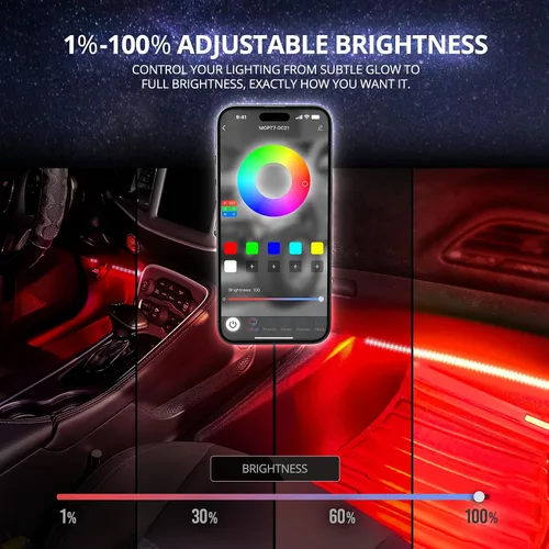 Miniatura 5 de OPT7 Aura Pro 4 piezas Tiras de luz LED dobles para interior de auto con APP y control remoto, modo multicolor, kit de iluminación de acento de neón