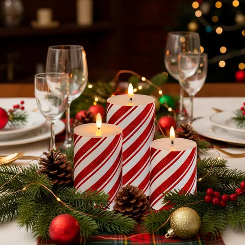 Miniatura 9 de Velas LED de pilar con purpurina de rayas rojas, velas de cera real sin llama para Navidad, vacaciones, decoración de fiesta en el hogar, juego de 3