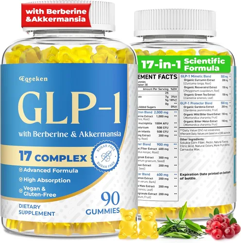 GLP-1, suplemento de GLP-1 para mujeres y hombres | Fórmula científica de 17 en 1, gomitas de GLP1 con berberina, Akkermansia para la absorción de