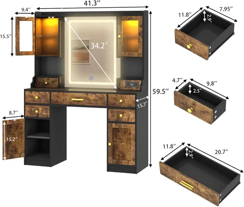 Miniatura 7 de Mesa de tocador con espejo LED y estantes organizadores de maquillaje giratorios 360, tocador de maquillaje blanco con luces y estación de carga