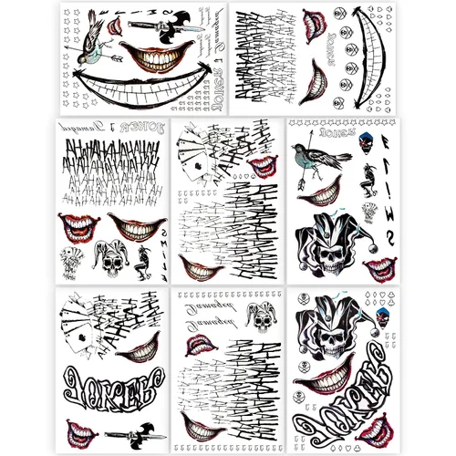 8 hojas de tatuajes de Joker, basuwu de tamaño grande, impermeables, para Halloween, todas las versiones, se ven reales y duran mucho tiempo, 8 pza
