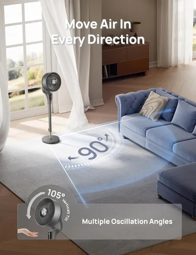 Miniatura 3 de Dreo Ventilador para dormitorio, ventilador oscilante de 80°, silencioso de 25 dB, ventiladores de pedestal de 80 pies para oficina en casa, Gris