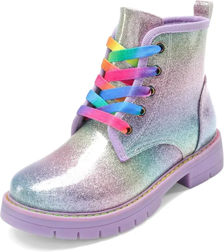 DREAM PAIRS Botas de tobillo con purpurina para niñas y niños, zapatos de combate con cremallera lateral con cordones (bebéniño pequeñoniño grande)