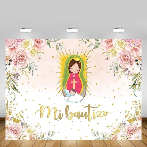 Miniatura 5 de MEHOFOND Telón de fondo de bautismo Mi Bautizo de 8 x 6 pies, acuarela, rosa, floral, hierba de las pampas, fondo de baby shower, fondo de baby