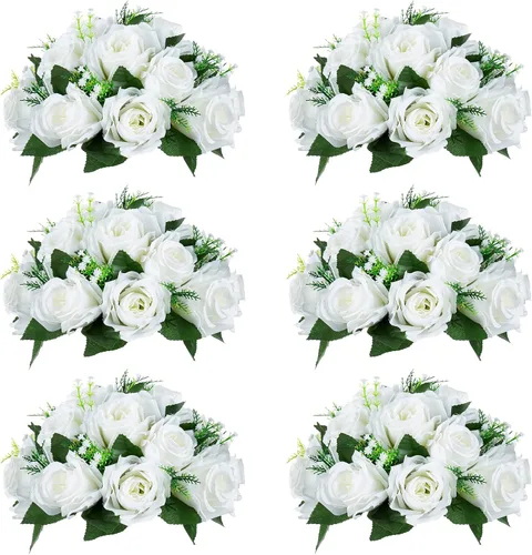 NUPTIO Centros de mesa de flores blancas para mesas: 6 piezas de arreglo de bolas de flores artificiales para fiesta de boda, rosa floral falsa de