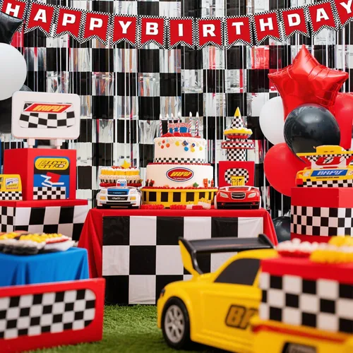 Miniatura 6 de Decoración de Fiesta de Cumpleaños de Autos de Carreras, 1 Paquete de Telón de Fondo para Fiesta de Autos de Carreras Accesorio de Cabina de Fotos