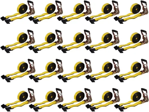 Miniatura 34 de Mytee Products Correas de amarre de trinquete con ganchos planos, 2 pulgadas x 20 pies amarillos 10,000 libras de resistencia a la rotura