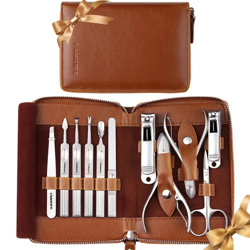 Miniatura 17 de FAMILIFE - Kit de manicura profesional para uñas, 11 en 1, de acero inoxidable, con estuche de viaje portátil de cuero negro, regalos de lujo para él