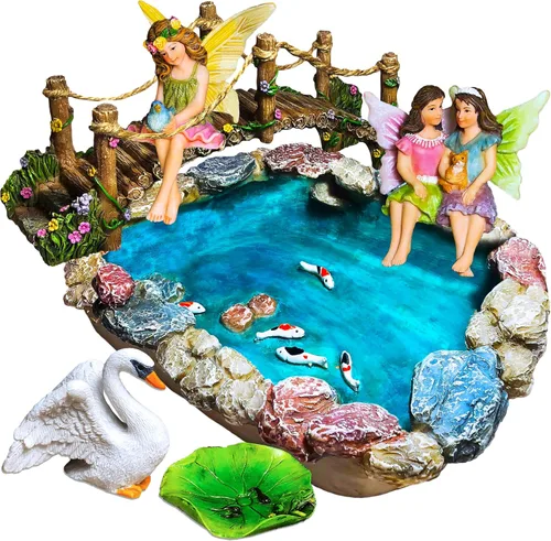 Mood Lab Kit de estanque de peces de jardín de hadas, juego de 6 piezas de figuras de jardín de hadas y accesorios, decoración para exteriores o casa