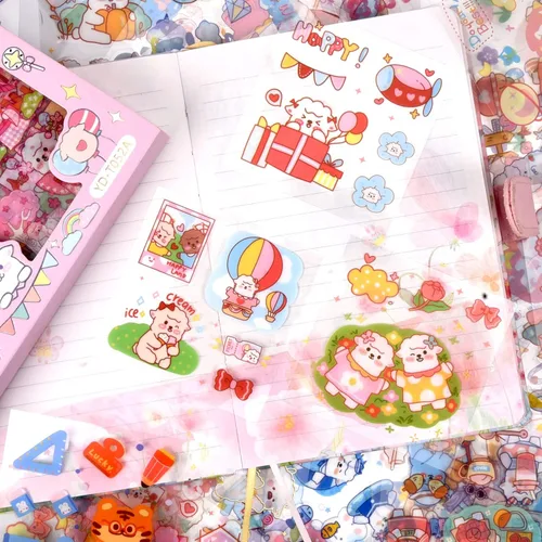 Miniatura 5 de 100 hojas de pegatinas decorativas de PET, lindo juego de pegatinas resistentes al agua para álbum de recortes, diario, planificador de bullet