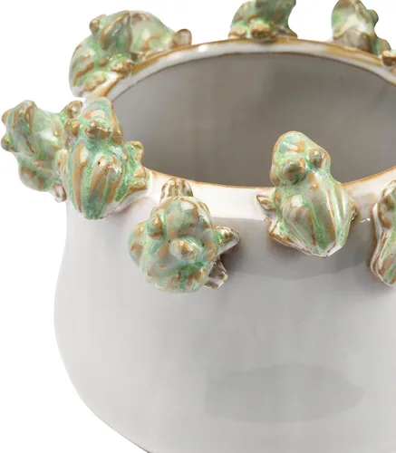Miniatura 6 de Creative Co-Op - Maceta de gres con ranas en el borde y esmalte reactivo, verde y blanco