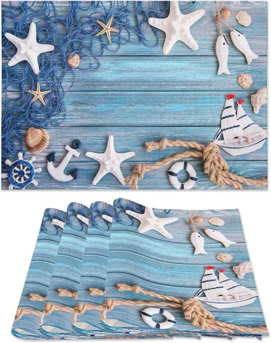 Miniatura 11 de Juego de 8 manteles individuales azules con diseño náutico de verano, diseño de estrella de mar, red antideslizante, resistente al calor, tela