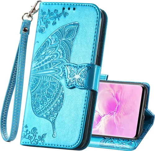 Miniatura 12 de Funda protectora de piel sintética para Samsung Galaxy S10e, con tapa y ranura para tarjetas, bolsillo en relieve, diseño de flores y mariposas