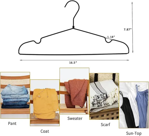 Miniatura 8 de Perchas de alambre de metal negro para adultos, perchas estándar de 16.5 pulgadas, ropa de traje de metal, perchas de abrigo para ahorro de espacio