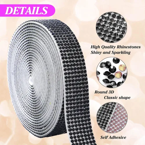 Miniatura 3 de Tiras de Cinta de Diamantes de Imitación de Cristal Autoadhesivas Negras, Tiras de Cinta de Diamantes de Imitación de 7 Filas con Adhesivo