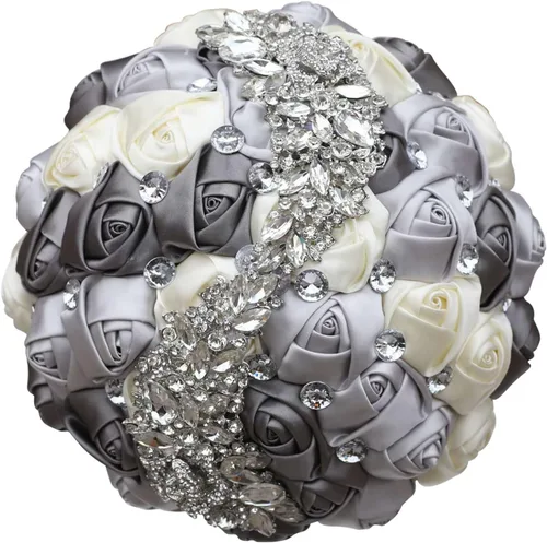 Miniatura 22 de XINNI Ramo de boda verde esmeralda para novia, dama de honor, satén rosa, ramo de boda con diamantes de imitación en forma de lluvia de meteoritos