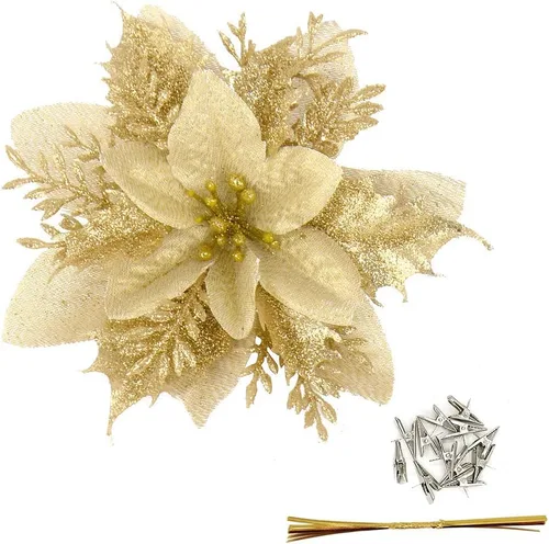 Gardeningwill Paquete de 12 adornos colgantes dorados de 5 pulgadas con forma de flor con purpurina para fiestas