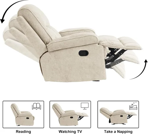 Miniatura 4 de Silla Mecedora Reclinable Manual para Adultos, Planeador de Respaldo Alto con Asiento Profundo, Sillón Tapizado de Tela para Sala de Estar