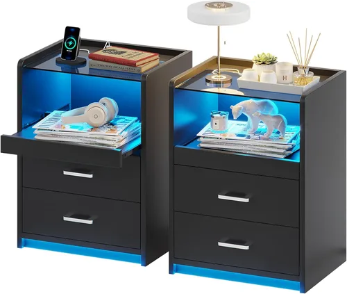 Miniatura 11 de VIAGDO Mesita de noche con estación de carga y luces LED, mesita de noche negra con parte superior de vidrio y cajones de almacenamiento, mesas
