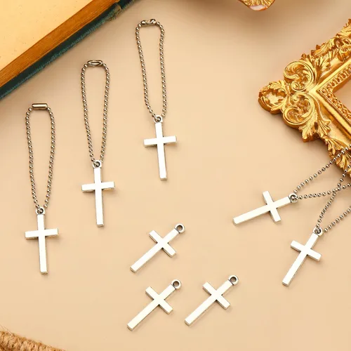Miniatura 3 de MTLEE 50/100/150 piezas de 0.512 x 1.063 in mini dijes de cruz con cadena de plata pequeños colgantes de cuentas para hacer joyas, artesanías