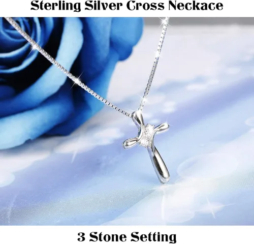 Miniatura 5 de FUNRUN JEWELRY Collar con colgante de cruz de plata de ley 925 para mujer colgante de circonita cúbica de 3 piedras con cadena de caja de 0039in 177