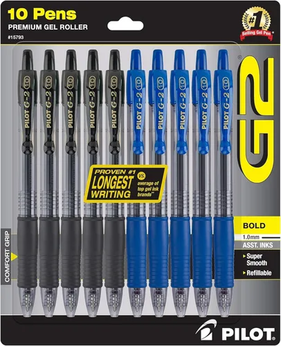 PILOT G2 - Bolígrafos de gel de alta calidad, color negro, punta gruesa de 0.039 pulgadas, recargables y retráctiles, 5 negros y 5 azules, paquete