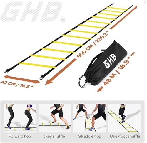 Miniatura 3 de GHB Pro Agility - Escaleras de entrenamiento de agilidad, velocidad de 12 peldaños y 20 pies con bolsa de transporte (amarillo y azul)