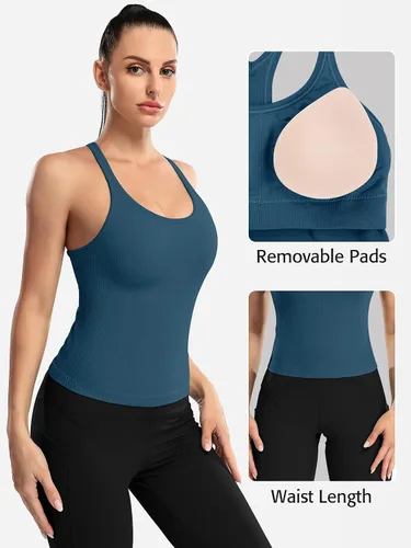 Miniatura 24 de ATTRACO Camiseta corta acanalada de entrenamiento para mujer con brasier integrado para yoga, espalda cruzada, ajuste ajustado