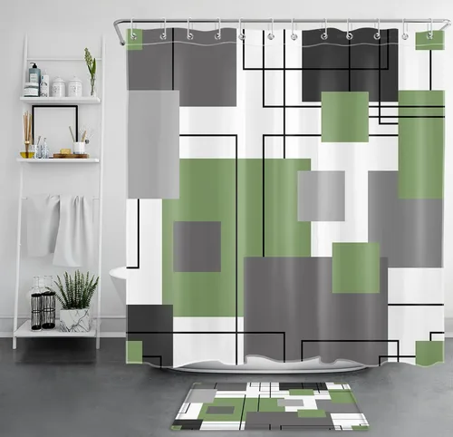 Miniatura 30 de LB Cortina de ducha geométrica a rayas grises y blancas, cortinas de ducha abstractas de mediados de siglo verde salvia para baño, 72 x 72 pulgadas