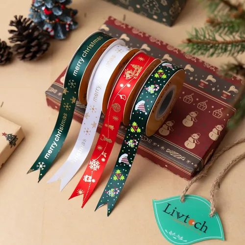 Miniatura 4 de 4 rollos de cinta de Navidad de 95 yardas, cintas de envoltura de regalos de Navidad de 3/4 pulgadas, envoltura de regalo de árbol de Navidad
