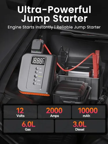 Miniatura 2 de Arrancador de batería con compresor de aire para automóvil, paquete de energía portátil de 10000mAh 150PSI inflador de neumáticos, carga USB, luz