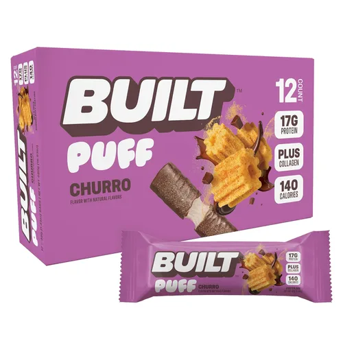 Built Puffs - Barras de proteínas de 12 unidades, barras energéticas altas en proteínas, colágeno, sin gluten, cubiertas de chocolate, bajas en