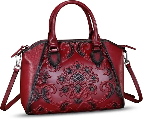 Bolsos y bolsos de cuero genuino para mujer, estilo vintage, de cuero en relieve, bandolera, correa para el hombro
