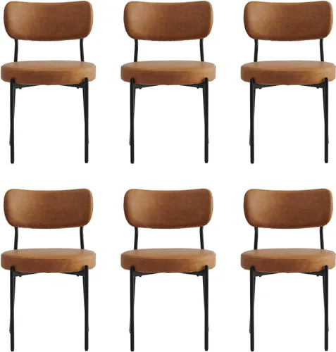 Miniatura 7 de Juego de 6 sillas de comedor marrones con respaldo curvo, sillas de comedor de cuero con asiento de cojín suave de poliuretano y patas de metal