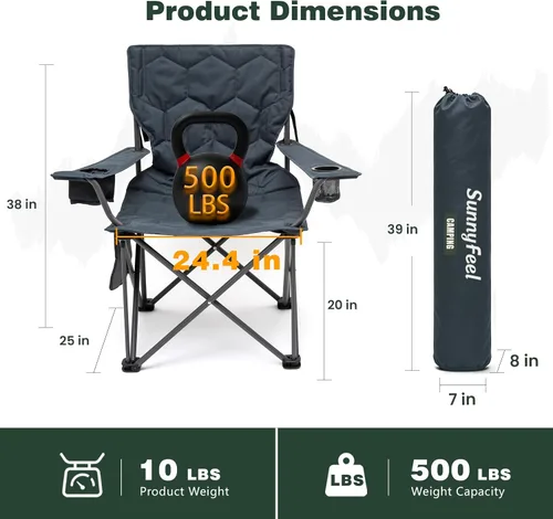 Miniatura 2 de SUNNYFEEL Silla de Camping Plegable de Gran Tamaño 500 LBS Sillas de Césped de Servicio Pesado con Plegado Portátil con Reposabrazos, Portavasos