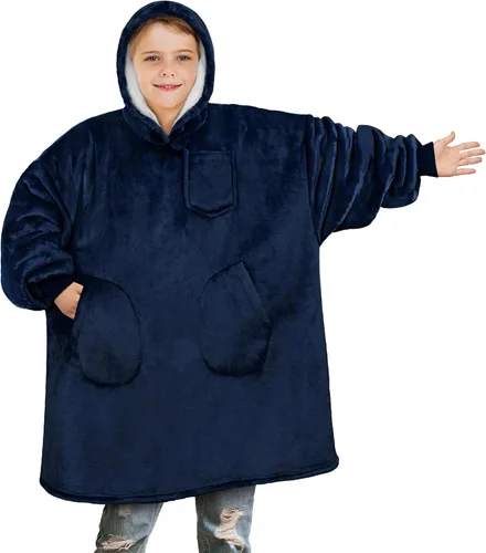Miniatura 9 de PAVILIA Manta de vestir para niños y niñas, cálida y acogedora sudadera con capucha gigante con dos bolsillos, forro polar Sherpa con capucha