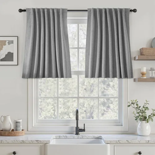 Miniatura 106 de UHITECH Cortinas cortas de lino de 24 pulgadas de largo para ventanas pequeñas de granja, cortinas opacas modernas para sala de estar, pestañas